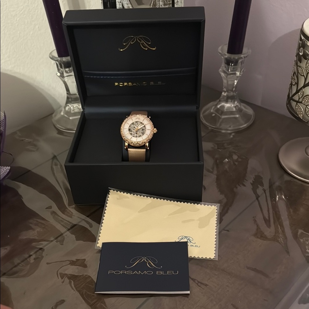 NIB Liza Automatic Satin Leather Porsamo Bleu Gold-Pearl Watch Topaz Bezel - Picture 8 of 11